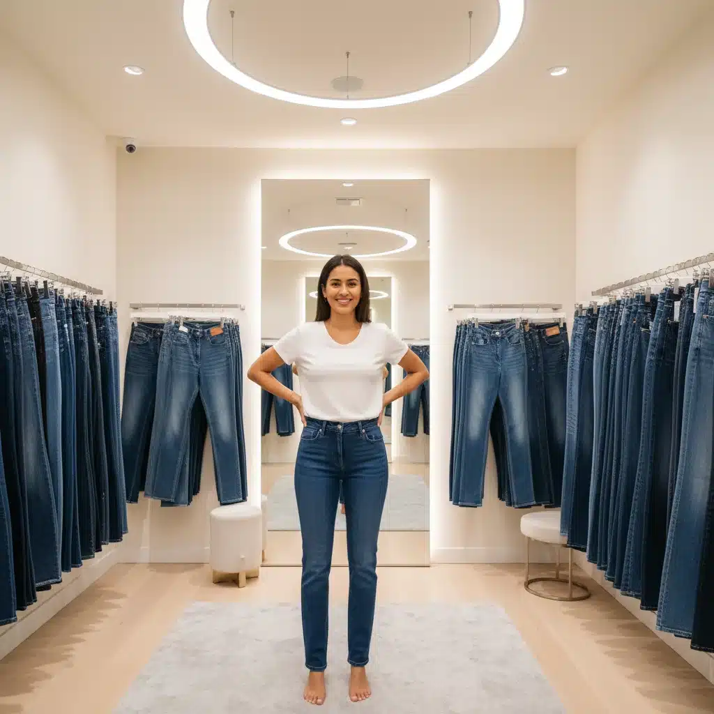 Person happily trying on a pair of perfectly fitting jeans in a modern dressing room.