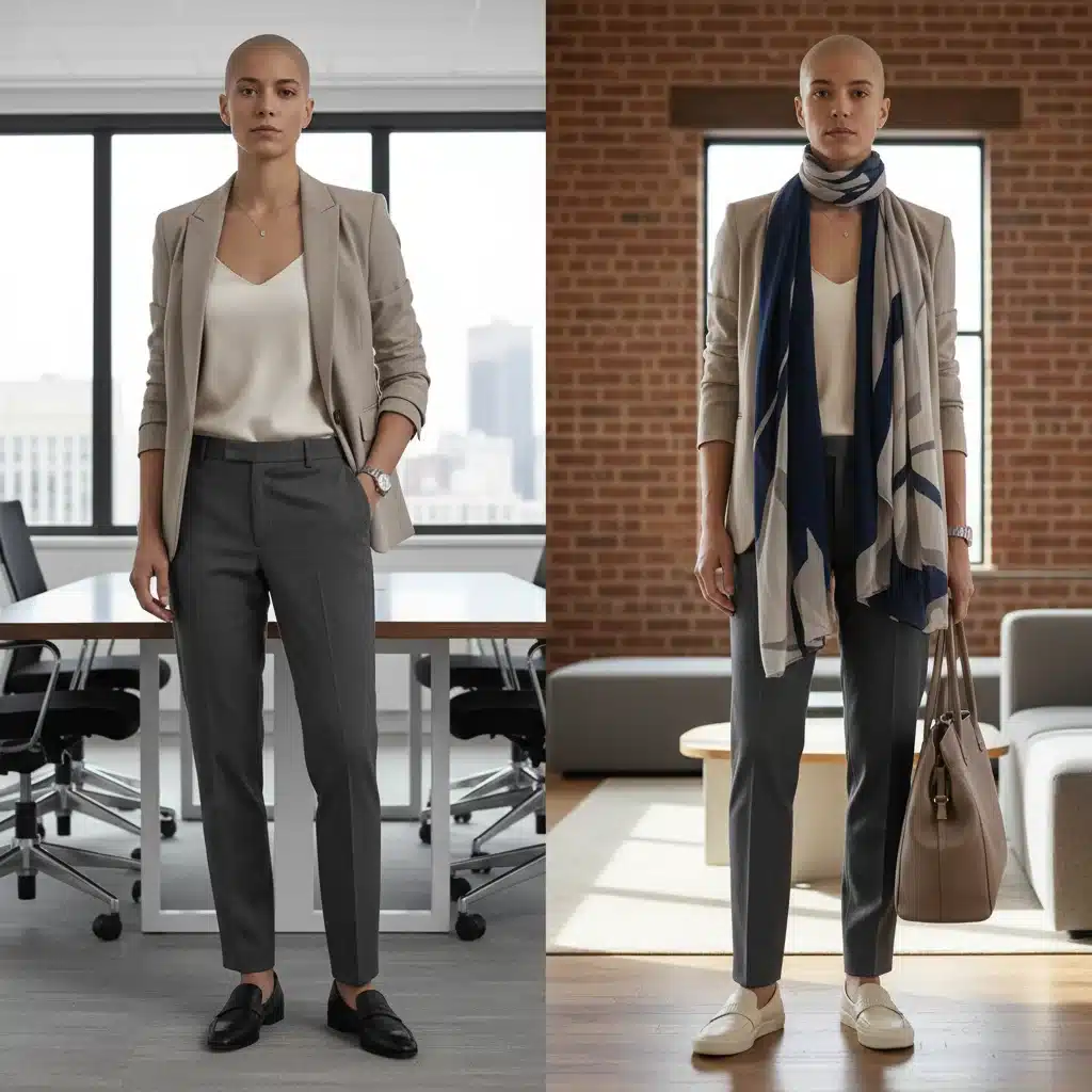 Professional demonstrating a versatile capsule workwear wardrobe in different office settings.