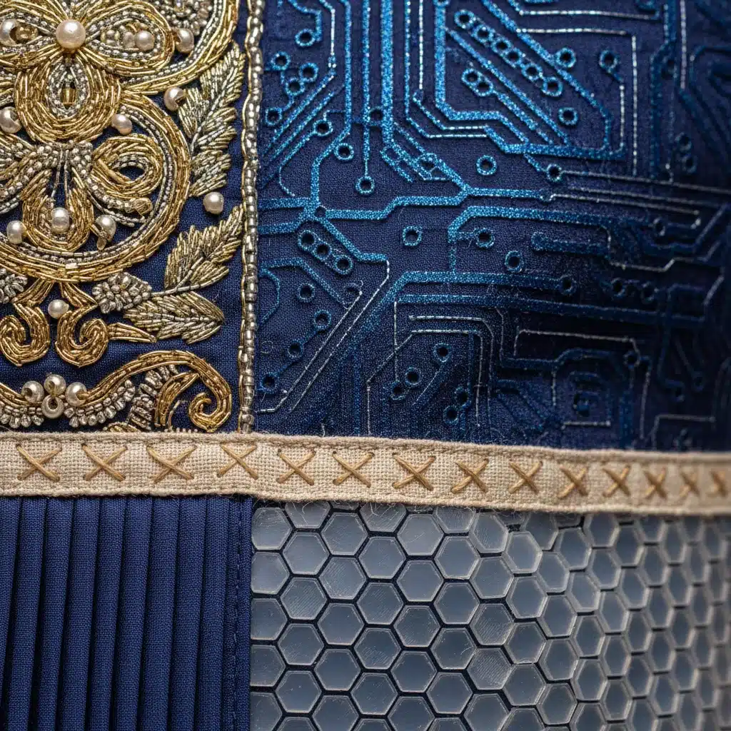 Detail of a garment showcasing intricate embroidery and advanced fabric manipulation, representing the blend of vintage craftsmanship and modern textile technology.