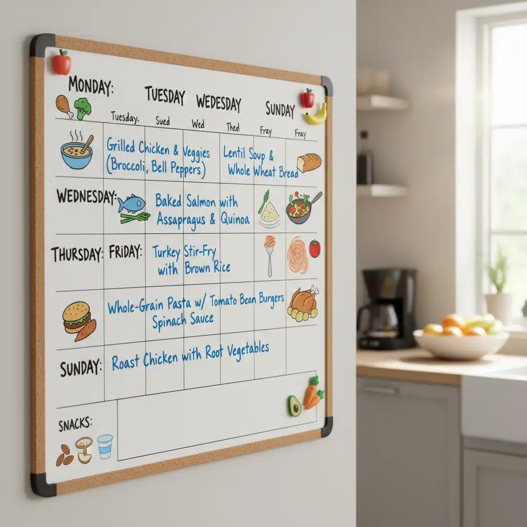 Weekly meal planning calendar with diverse healthy meal ideas