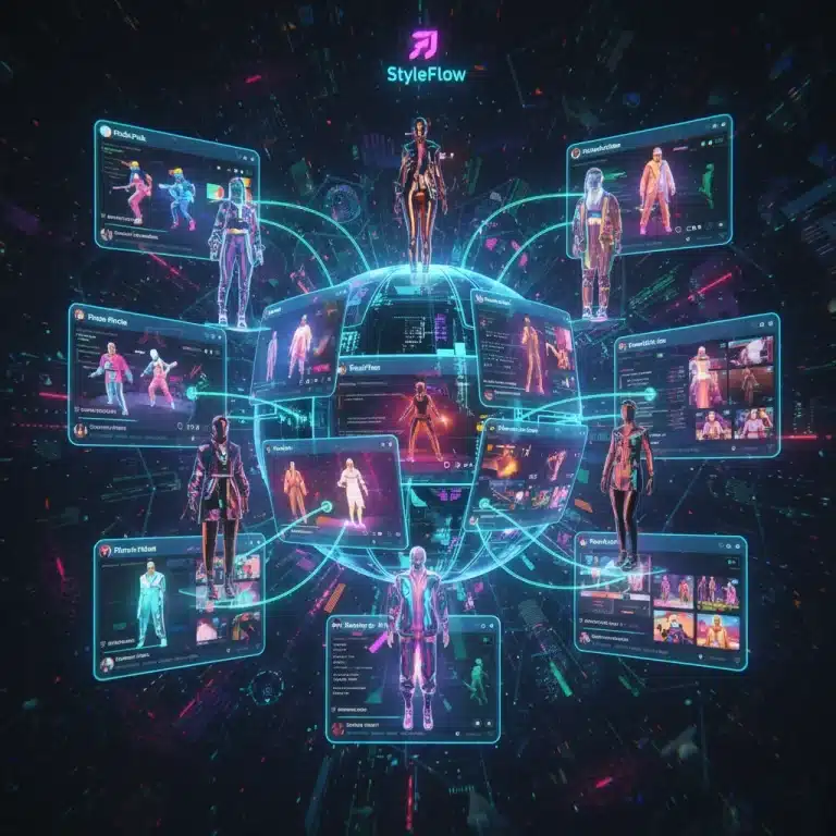 Futuristic fashion styles influenced by social media algorithms in 2026, a blend of digital and physical aesthetics.