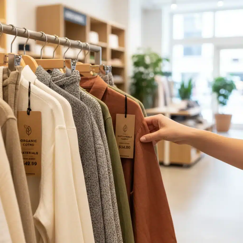 Hand selecting affordable organic cotton clothing from a rack in a bright store.