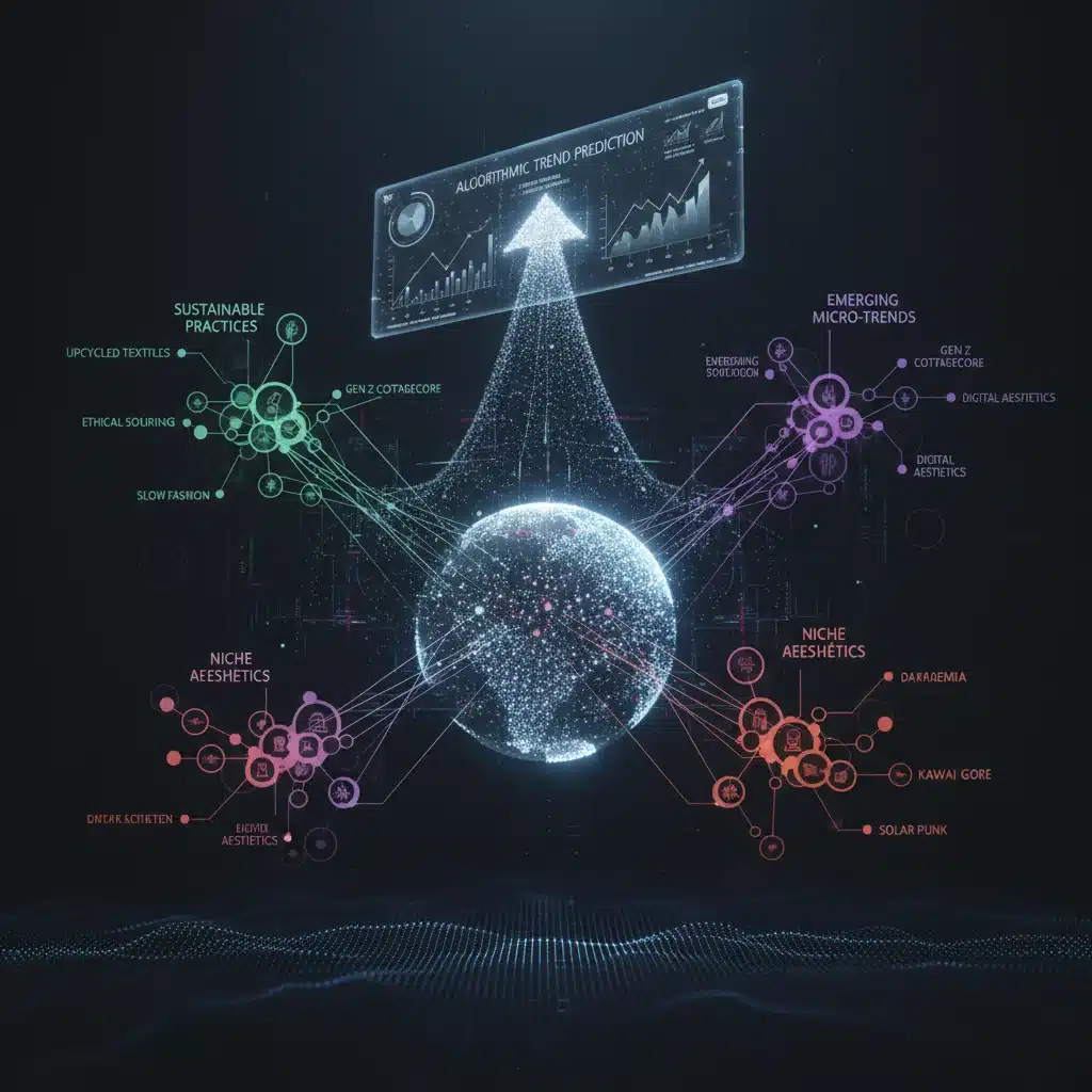 Algorithmic data analysis identifying emerging fashion micro-trends and sustainable practices.