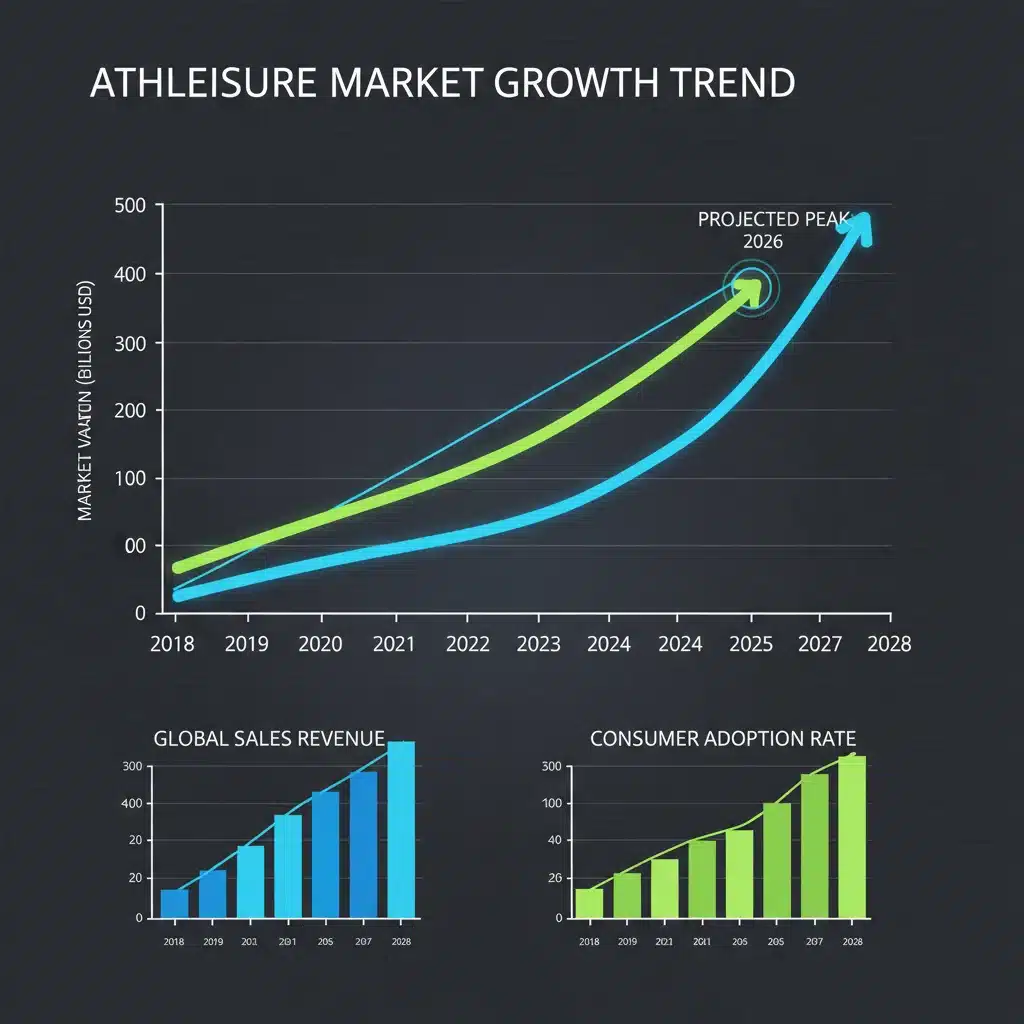 Market growth charts illustrating the projected peak of the athleisure sector around 2026.