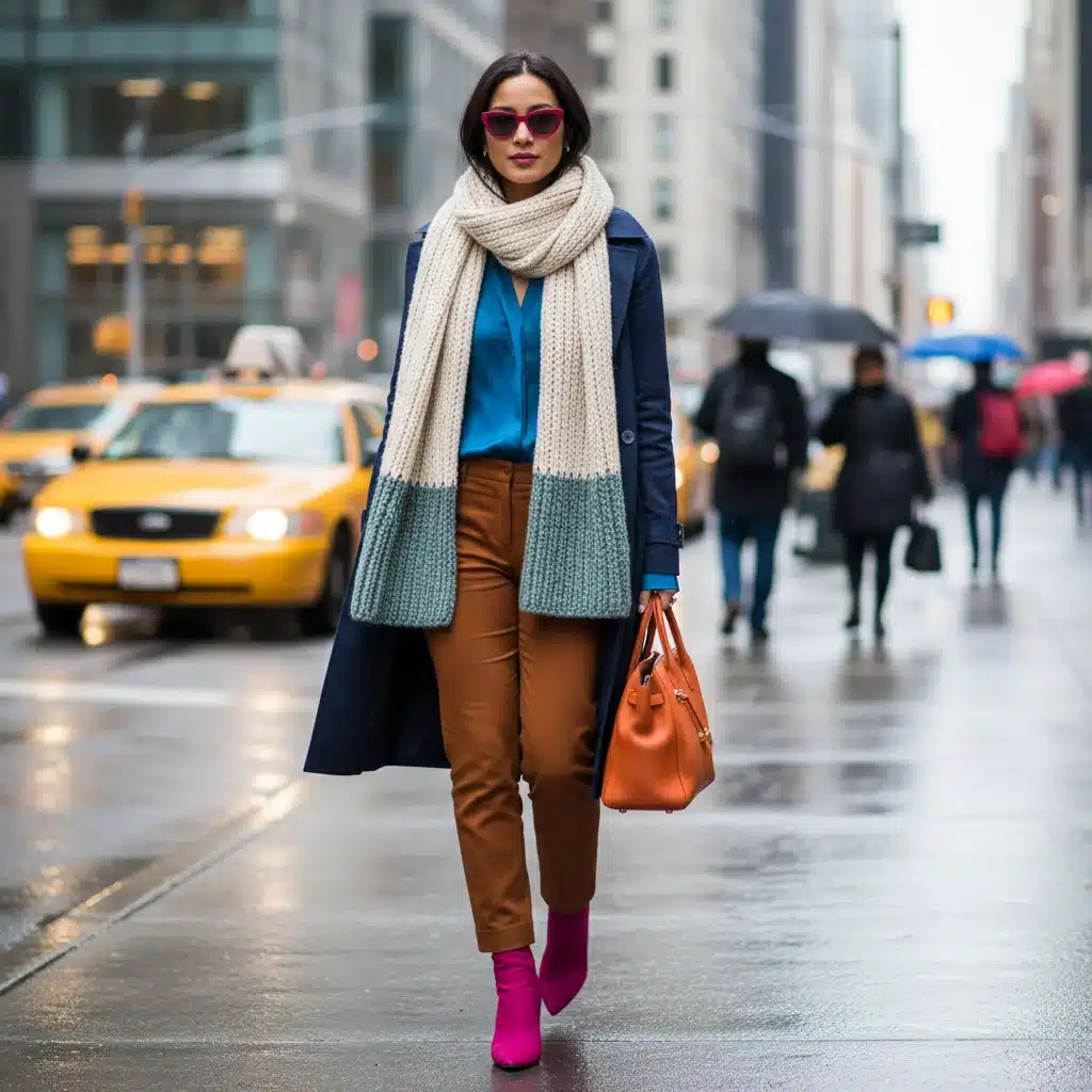 Confident person showcasing a perfectly balanced outfit with warm and cool color combinations in an urban environment.