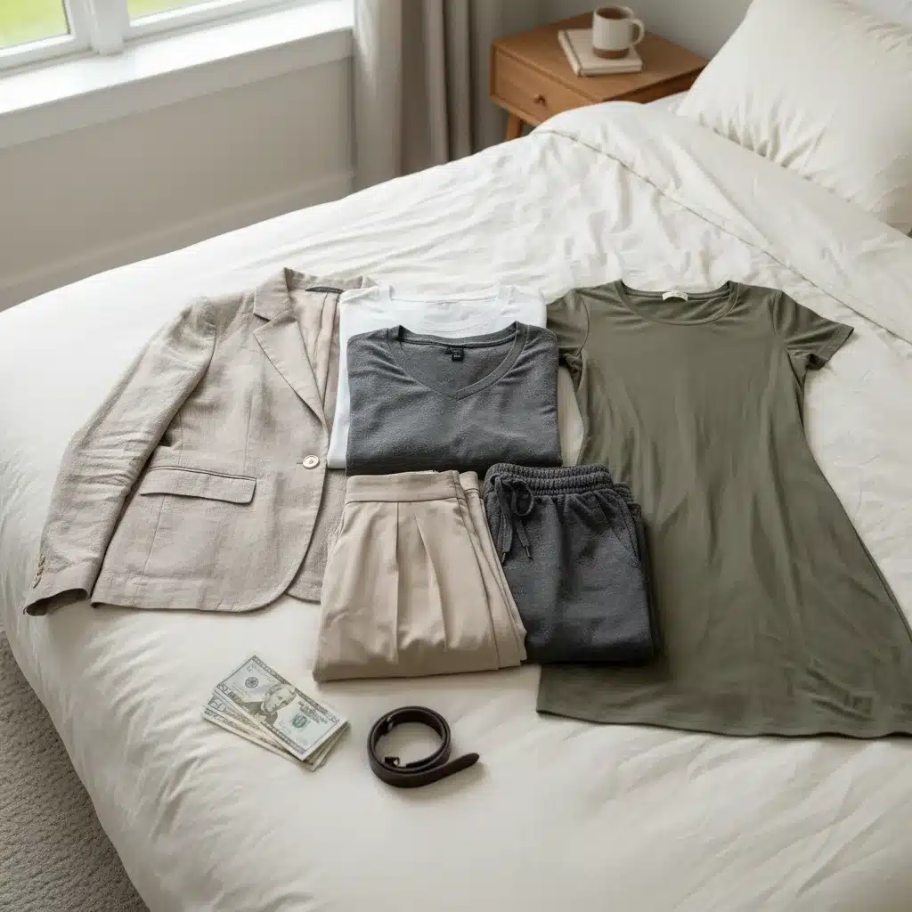 Capsule wardrobe essentials laid out, demonstrating versatility and budget-friendly choices for remote work.