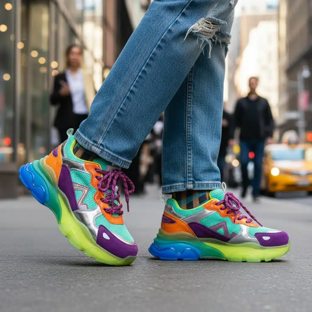 Person wearing chunky retro sneakers walking on a city street.