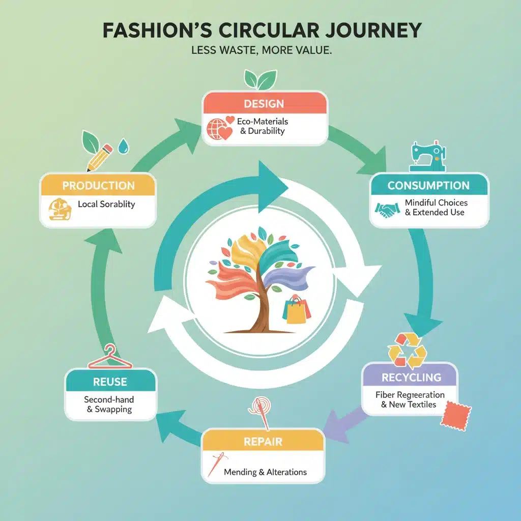 Infographic depicting the circular economy model for sustainable fashion.