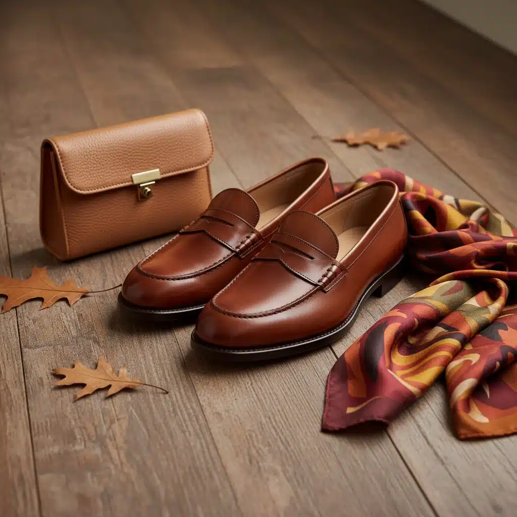 Classic penny loafers on a wooden floor with autumn accessories, showcasing Fall 2026 style.