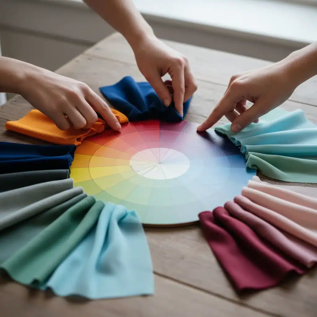 Color wheel with fabric swatches demonstrating fundamental color theory for wardrobe selection.