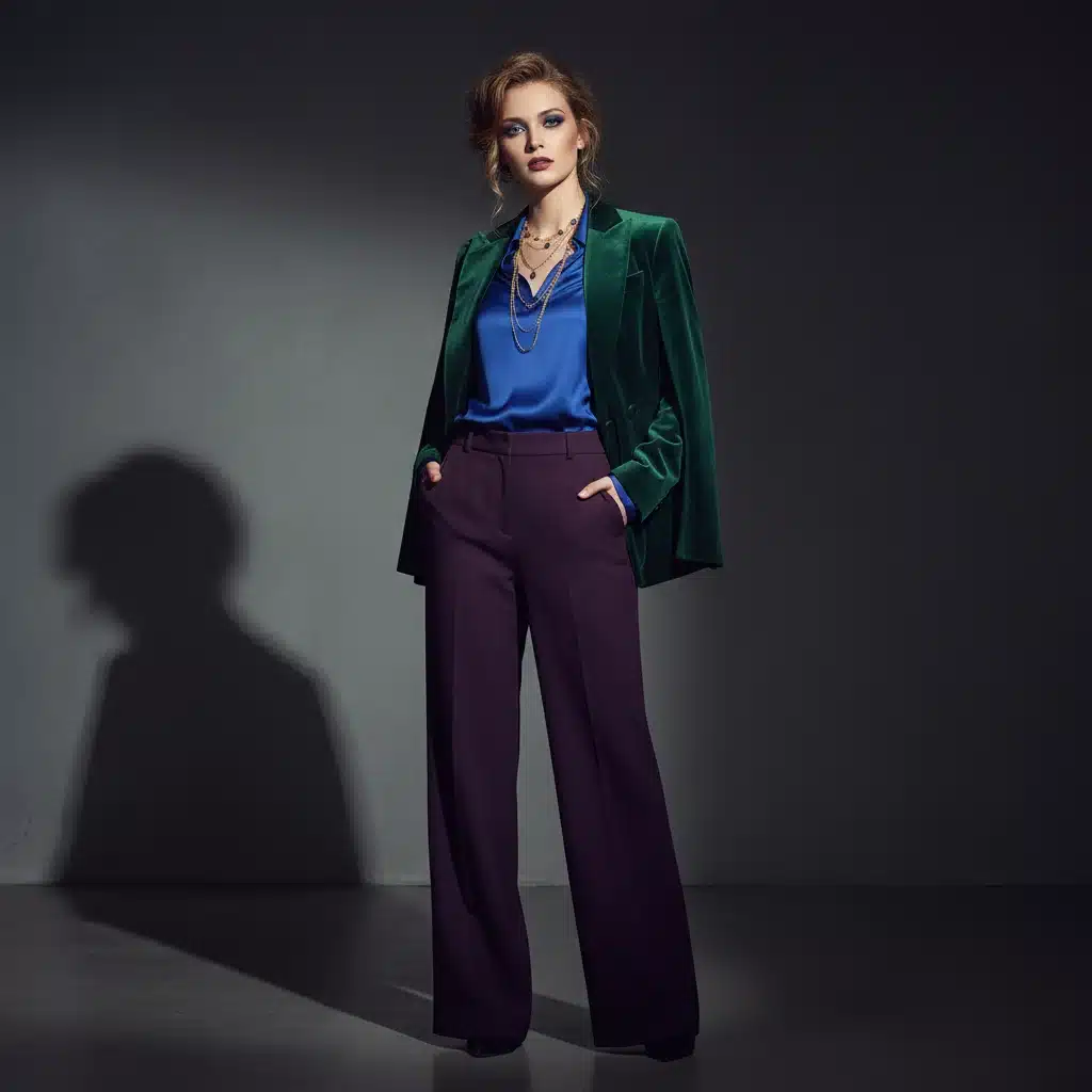 Model in deep jewel tones fall 2026 velvet blazer and silk blouse
