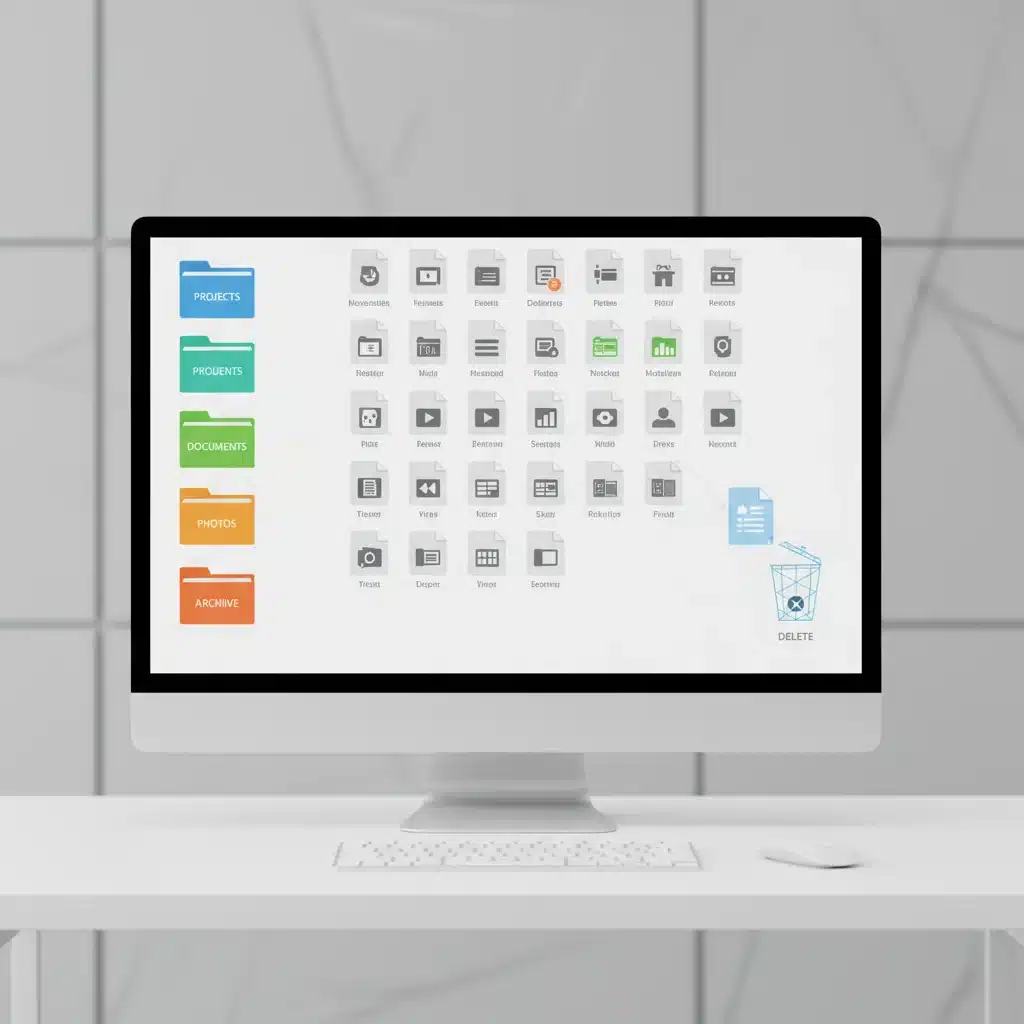 Digital file organization on a computer screen with neatly arranged folders and a delete icon.