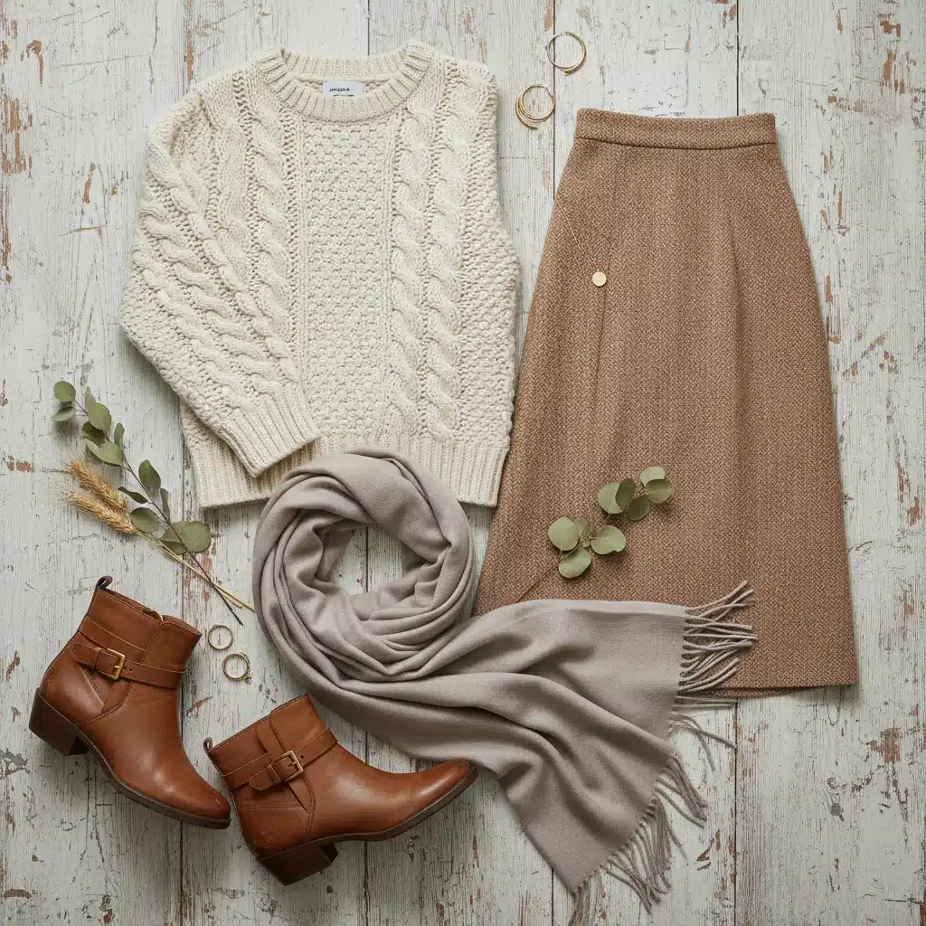 Earthy neutrals fall 2026 fashion flat lay with sweater and accessories