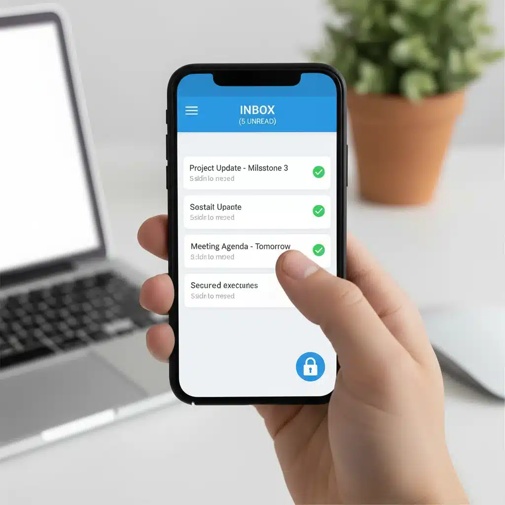 Smartphone screen showing a clean and managed email inbox with a security lock icon.