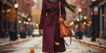Woman in stylish fall 2026 outfit walking city street with autumn leaves