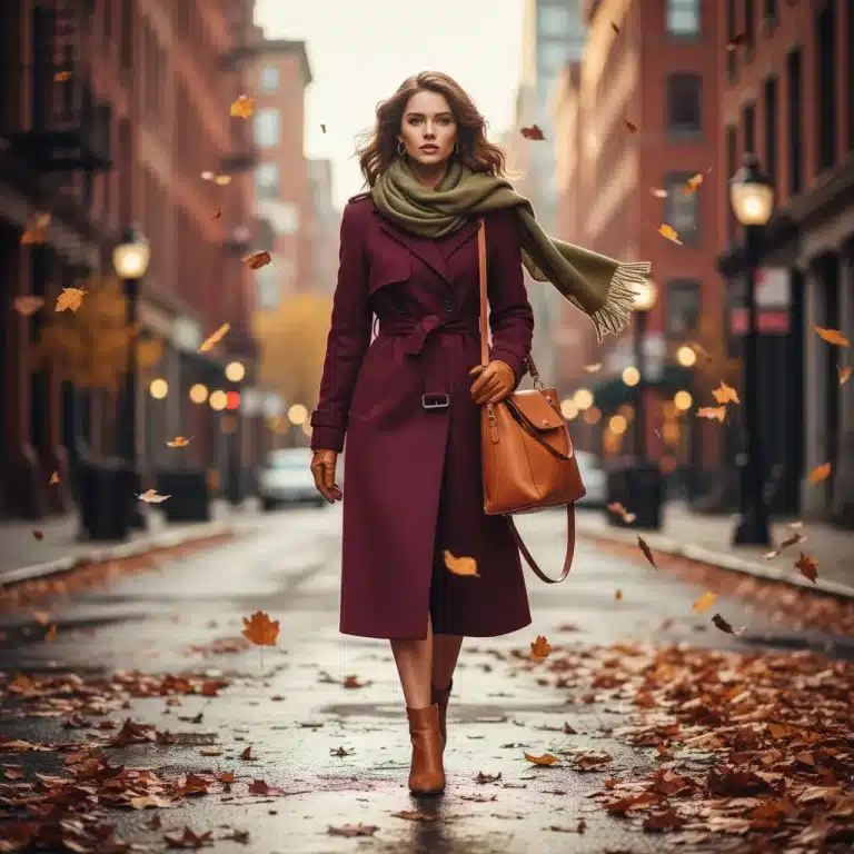Woman in stylish fall 2026 outfit walking city street with autumn leaves