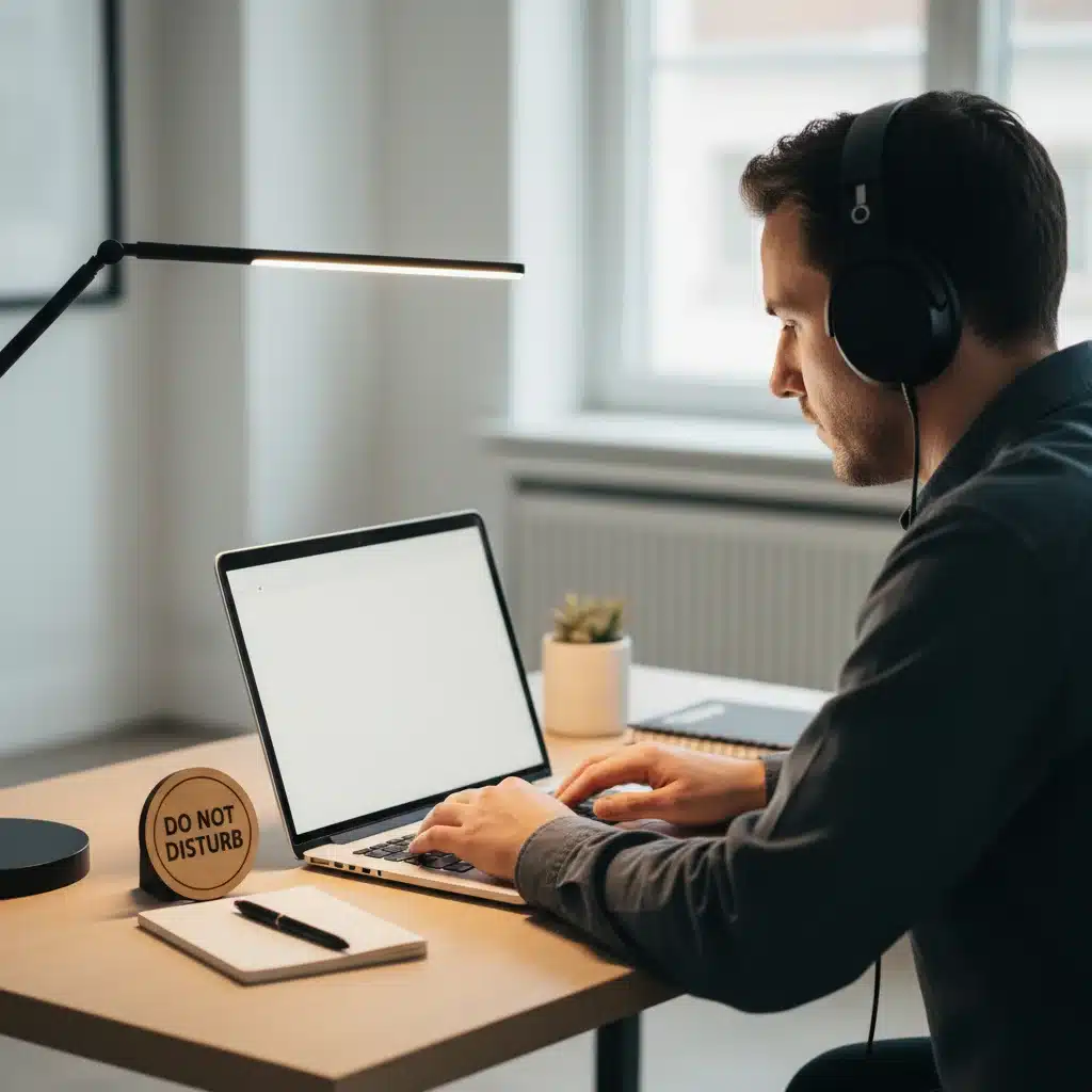 Person focused on work with noise-canceling headphones in an organized home office