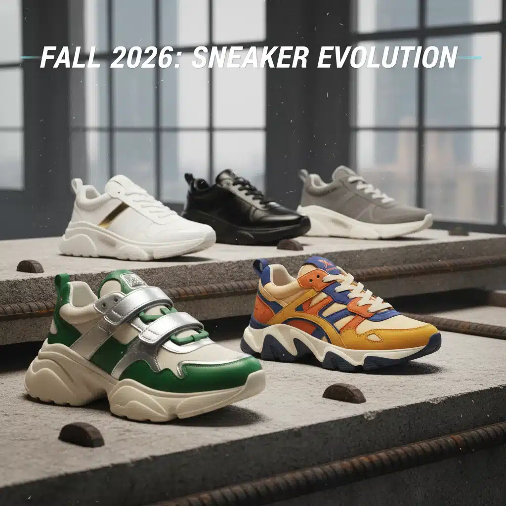 Assortment of high-fashion sneakers, chunky and retro, on concrete for Fall 2026 trends.