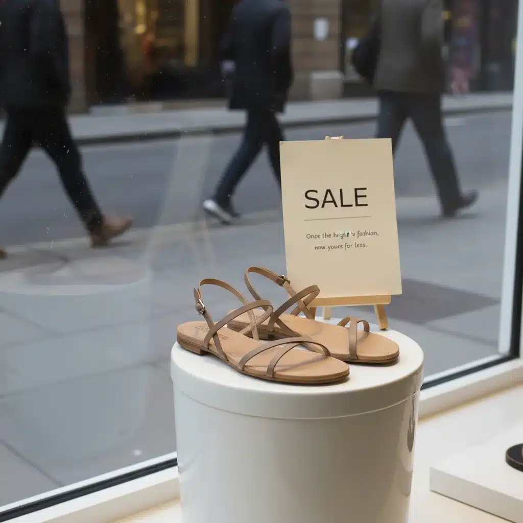 Minimalist sleek sandals on display in a store window with a sale sign.
