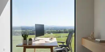 Modern minimalist home office with natural light and ergonomic setup