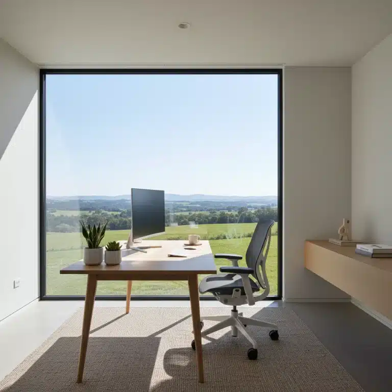 Modern minimalist home office with natural light and ergonomic setup
