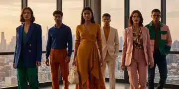 Stylish individuals demonstrating modern wardrobe color pairing techniques in a contemporary urban setting.