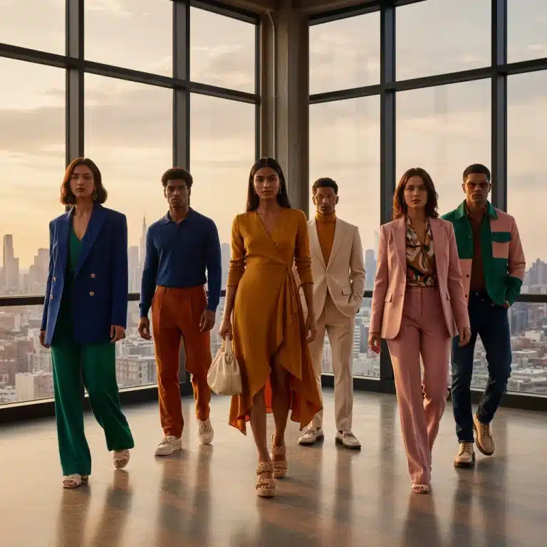 Stylish individuals demonstrating modern wardrobe color pairing techniques in a contemporary urban setting.