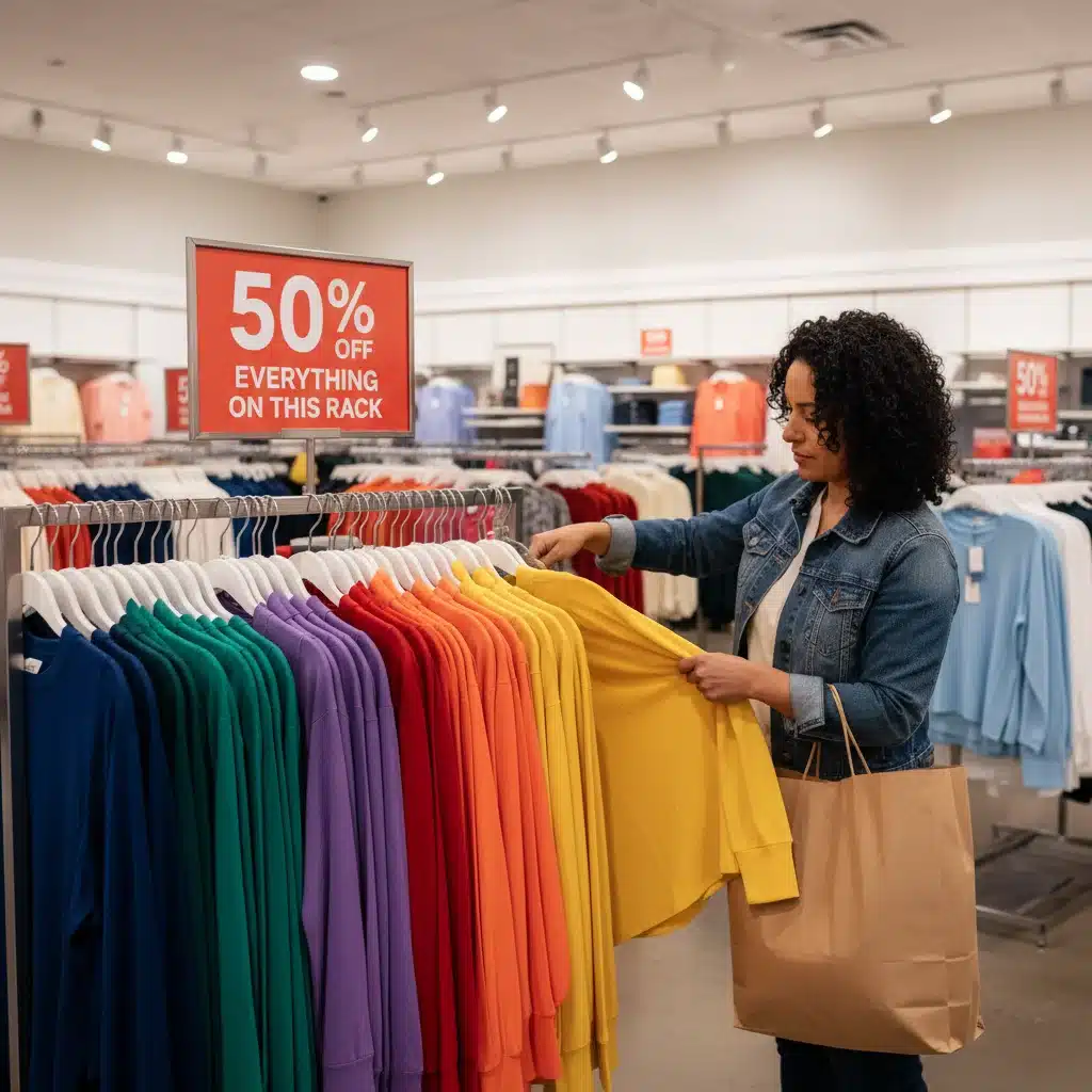 Organized sale rack with 50% off sign and shopper browsing