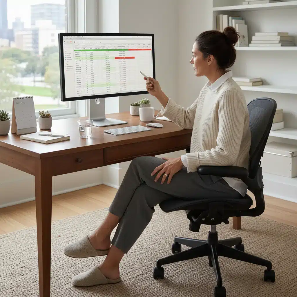 Remote worker in a comfortable and professional outfit, managing finances on a laptop in a home office.