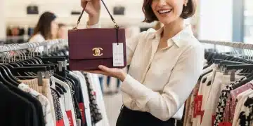 Woman happily holding a discounted designer handbag from a sale rack