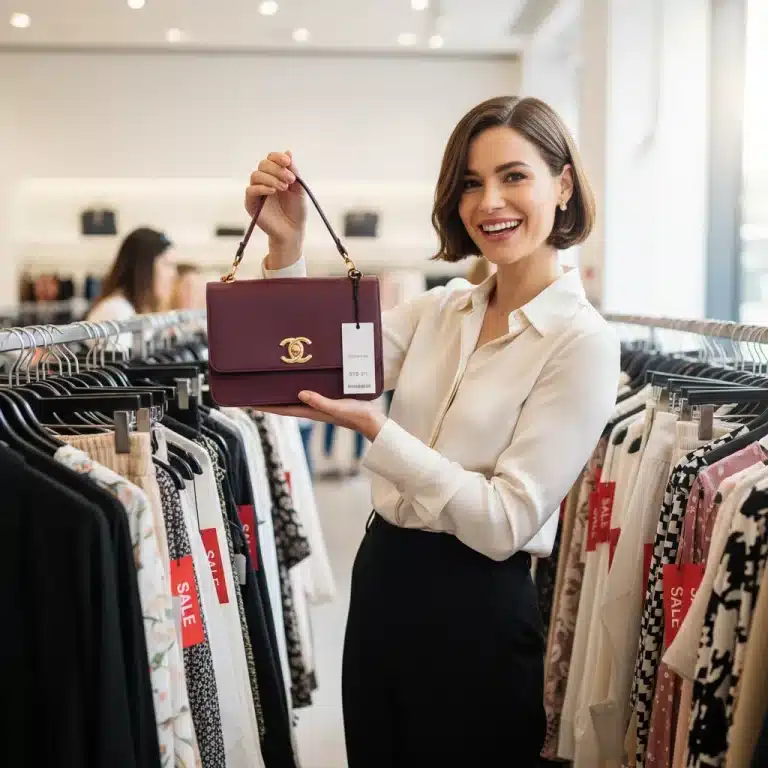Woman happily holding a discounted designer handbag from a sale rack