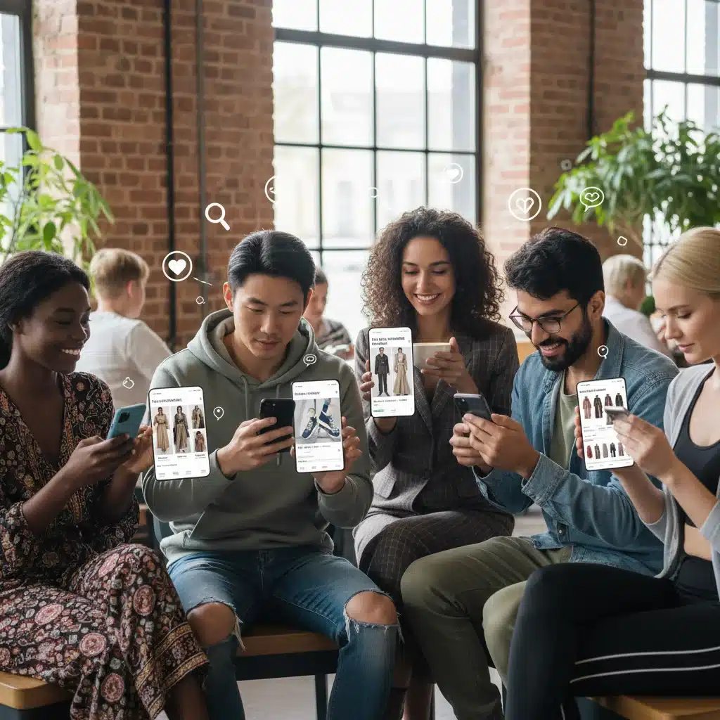 Young adults engaging with personalized fashion content on social media feeds.