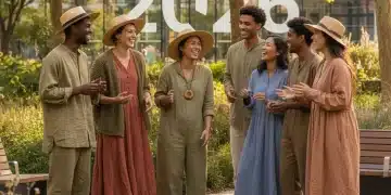 Sustainable Fashion 2026: Affordable Ethical Brands Diverse individuals wearing stylish sustainable clothing in a park, representing 2026 fashion trends.