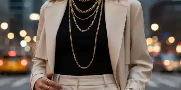 Woman showcasing trendy layered necklaces and statement earrings in an urban setting.