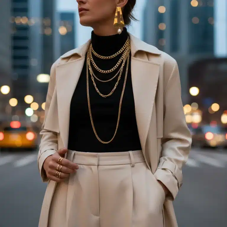 Woman showcasing trendy layered necklaces and statement earrings in an urban setting.