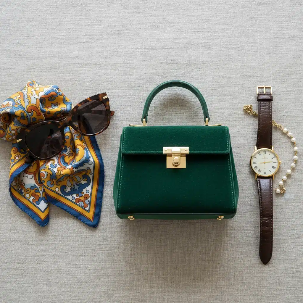 Flat lay of vintage-inspired accessories including a top-handle bag, sunglasses, and silk scarf.