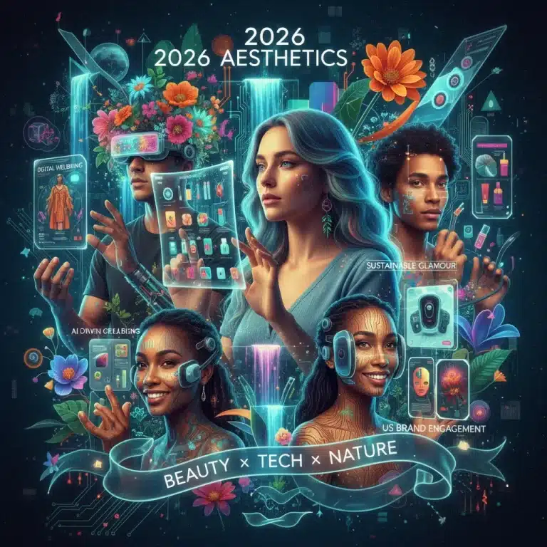 Futuristic collage of diverse people engaging with digital beauty and wellness trends for 2026.