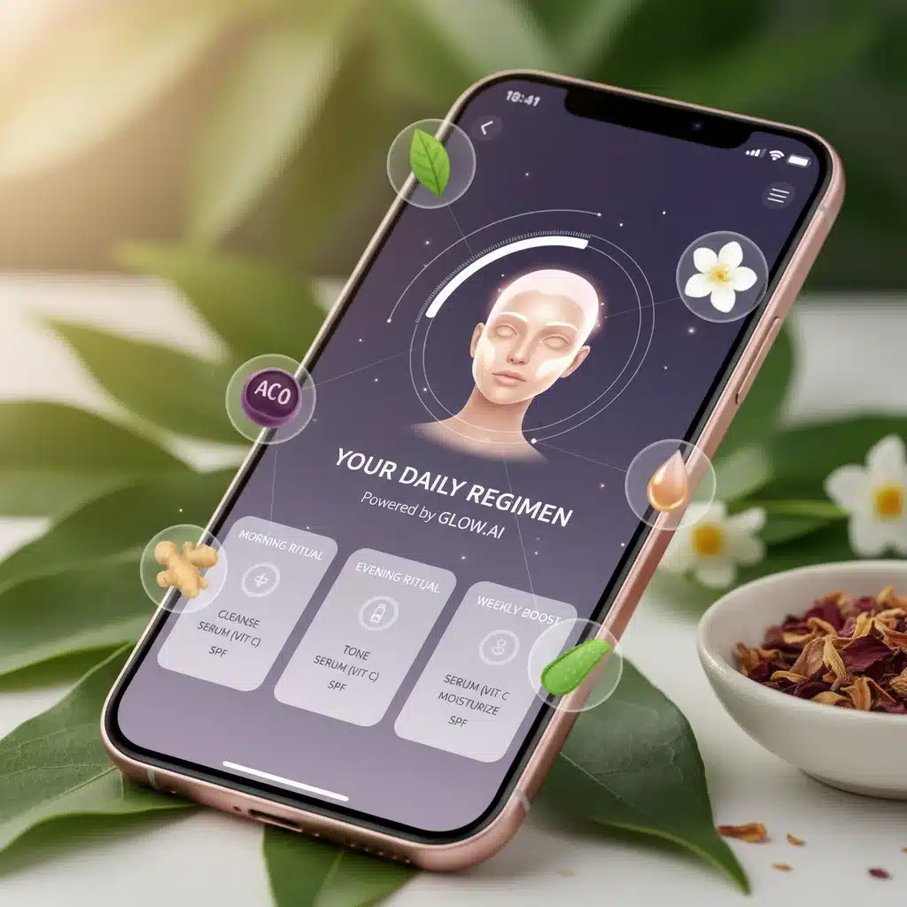 AI-powered personalized skincare routine displayed on a smartphone screen with natural ingredients.
