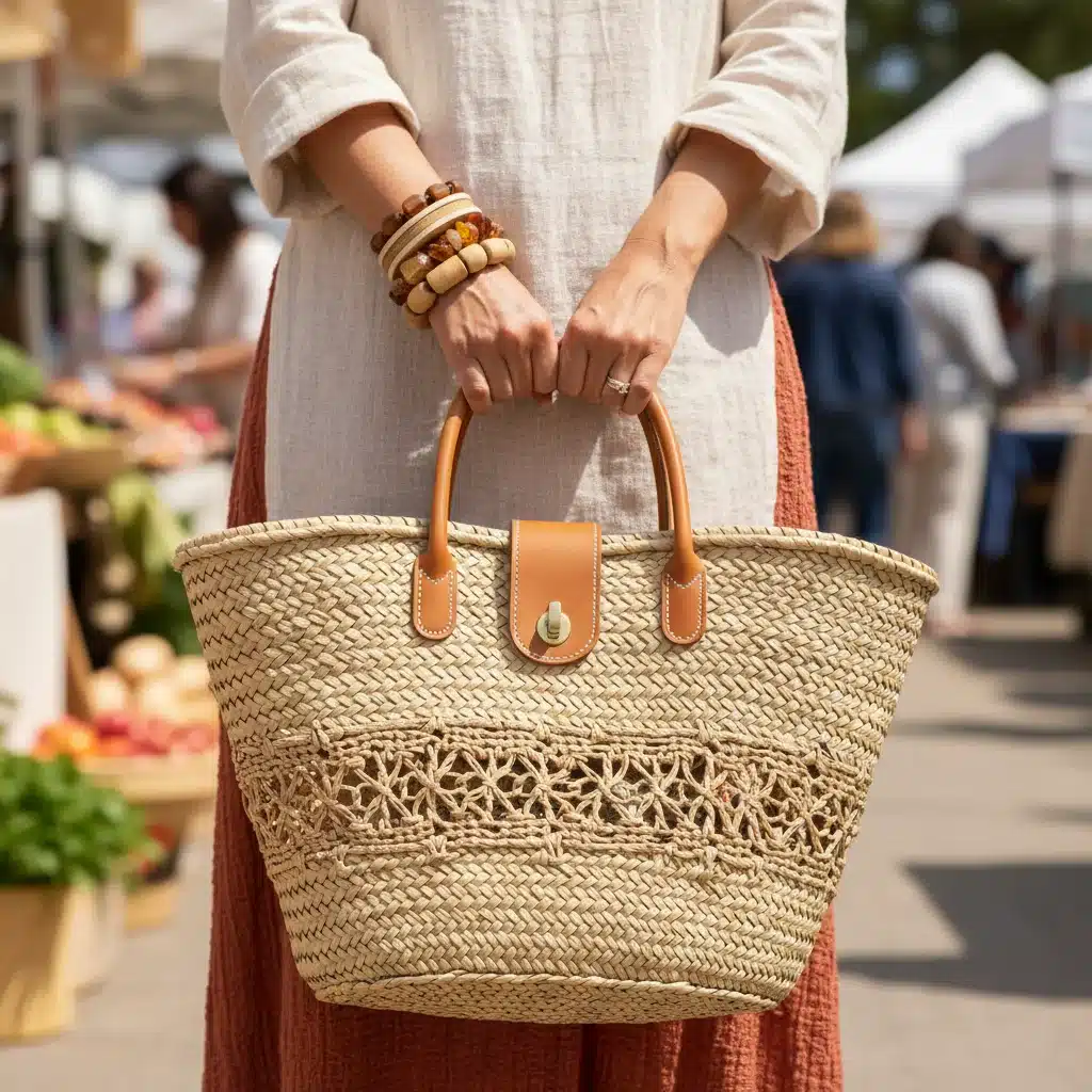 Woman with artisanal woven tote bag and beaded bracelet, suburban fashion