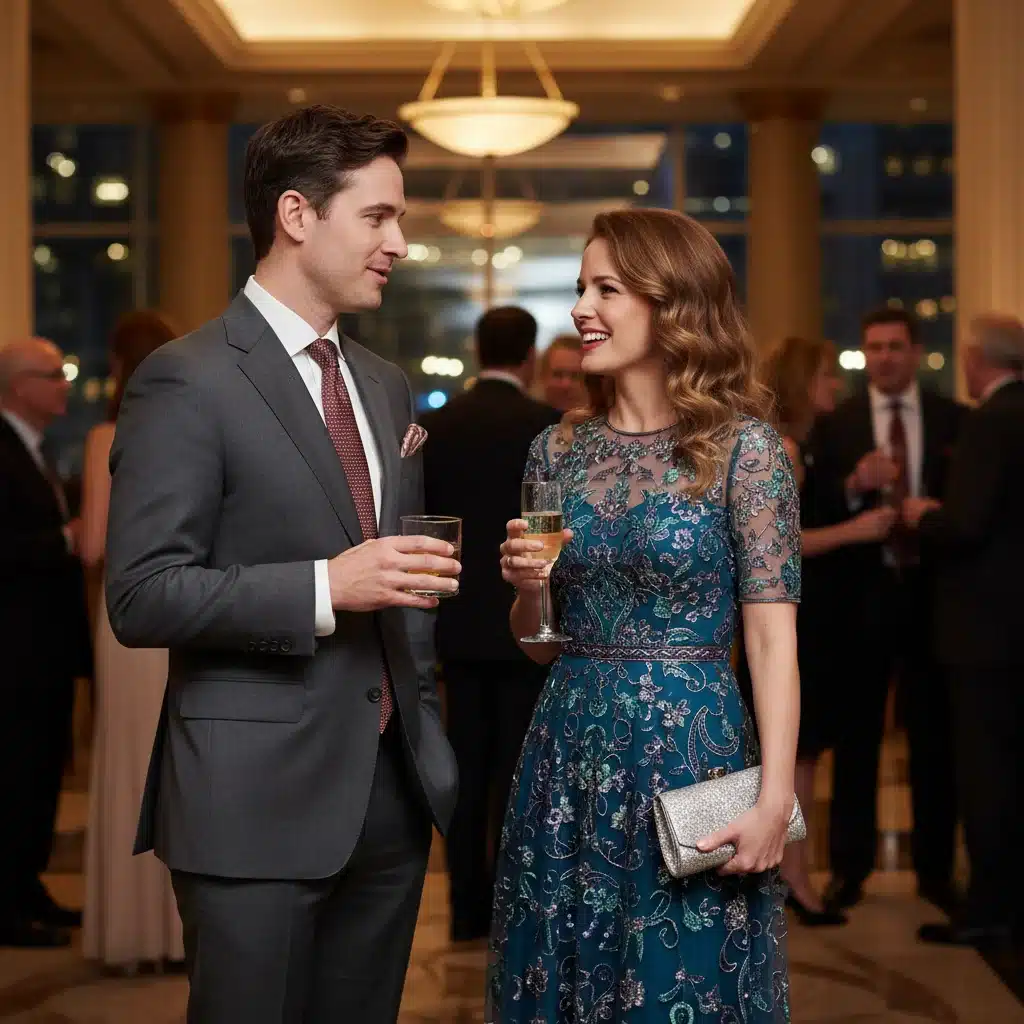 Man and woman in chic cocktail party attire, holding drinks
