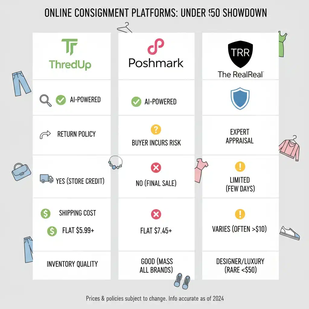 Visual comparison of online consignment platforms for fashion under 