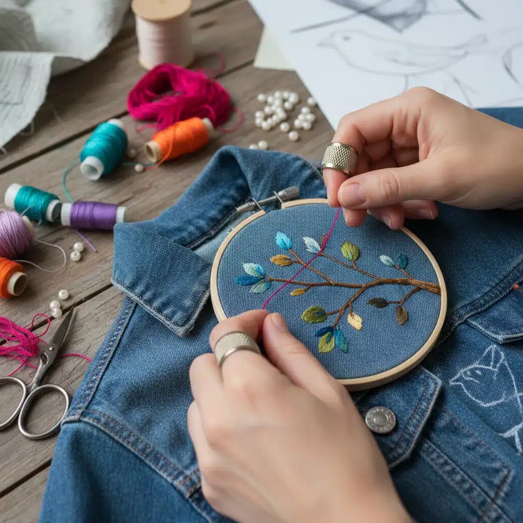 Hands embroidering a denim jacket, illustrating a DIY fashion refresh technique.