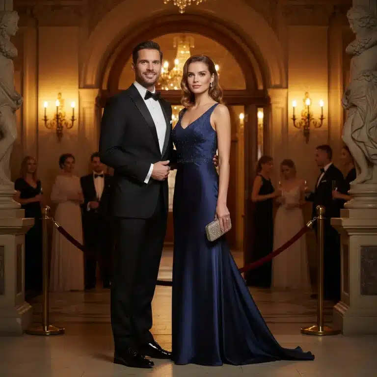 Couple dressed in formal attire for an elegant evening event in 2026