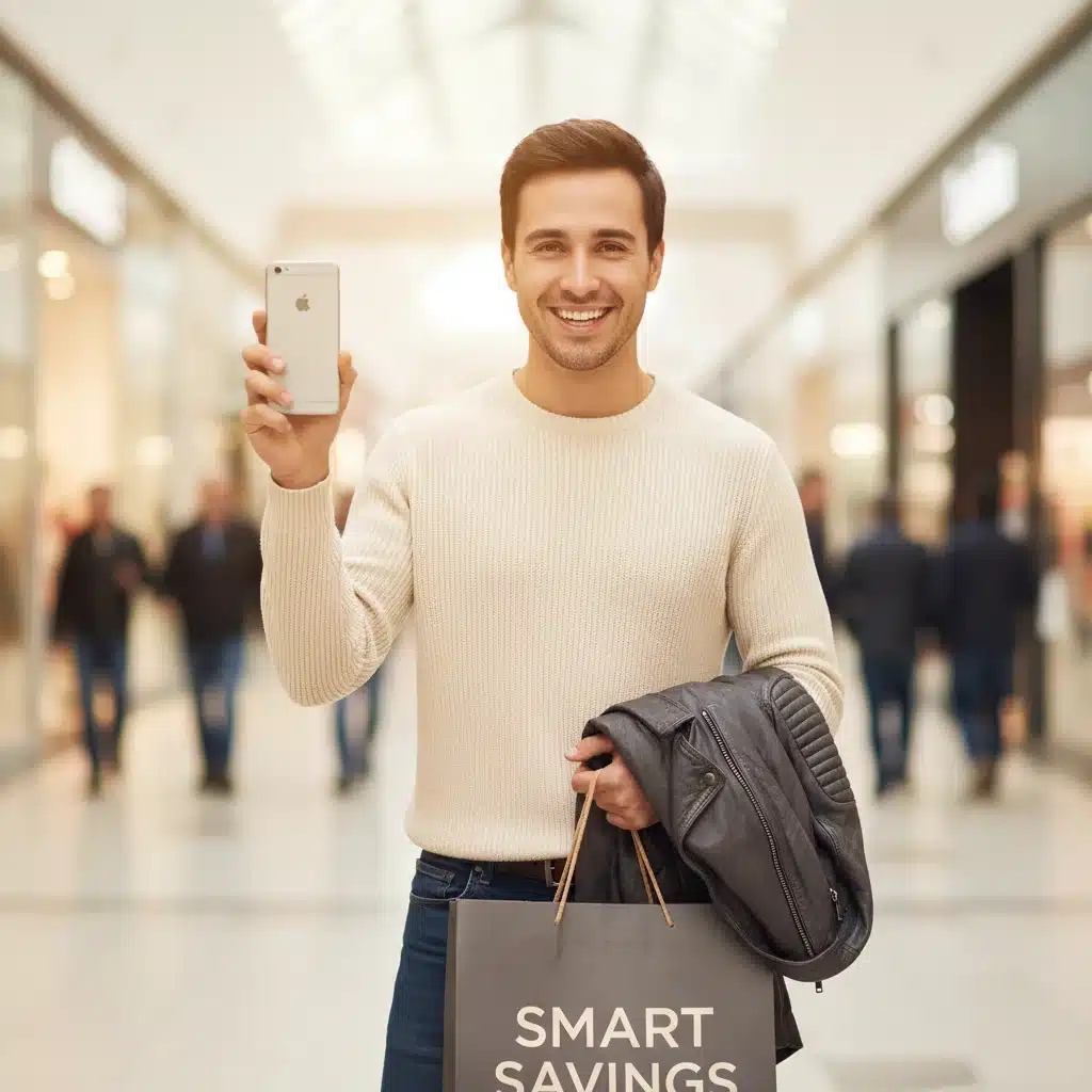 Happy shopper with new electronics and clothing, showcasing smart seasonal purchases.