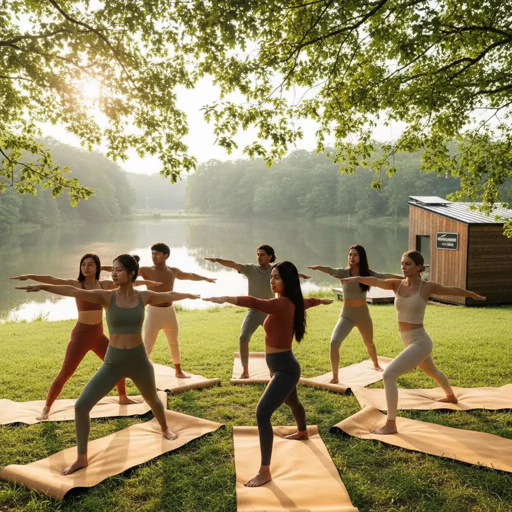 Diverse group practicing outdoor yoga, showcasing sustainable activewear and holistic wellness.