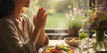 Person practicing mindful eating with a healthy, vibrant meal
