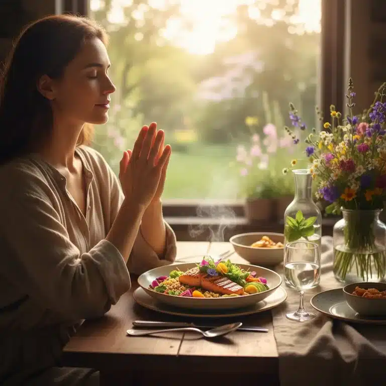 Person practicing mindful eating with a healthy, vibrant meal