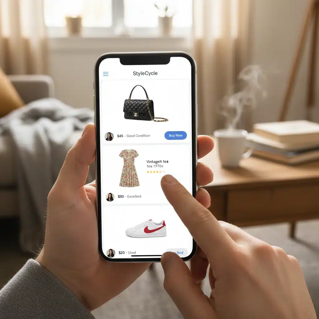 Smartphone screen showing online consignment app listings with fashion items under 