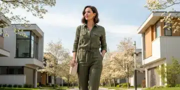 Woman in olive green linen jumpsuit showcasing quiet utility suburban style