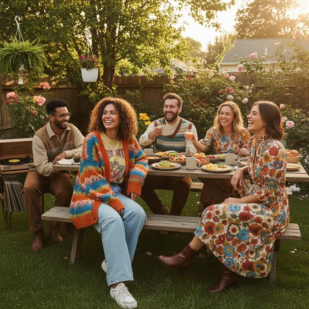 Friends showcasing retro comfort fashion in suburban backyard brunch